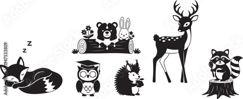 Black and white of sleeping fox, owl, hedgehog, bear, bunny, deer, and raccoon