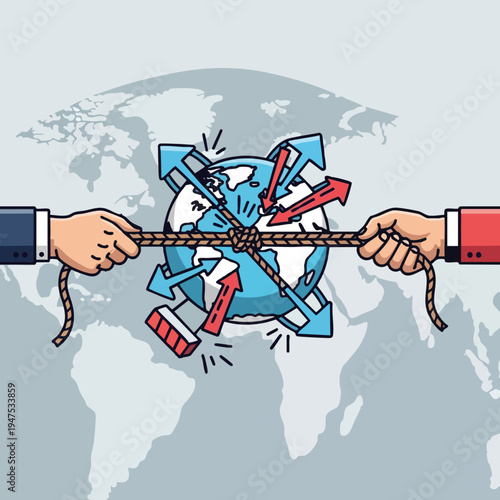 Two hands in suits play tug-of-war with a globe, pulling it with a rope