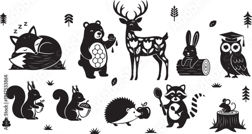 Black and white of various animals in a forest setting