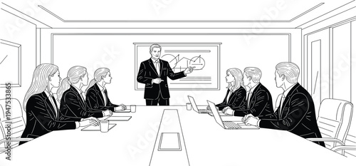 A business presentation in a boardroom with a presenter at the head of a table addressing colleagues