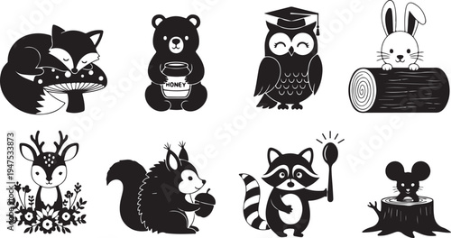 Black and white of various animals in different poses and activities mushroom