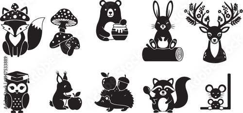 Black and white of various animals and nature in different poses