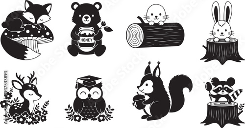 Black and white of various animals in different poses and settings wildlife 1