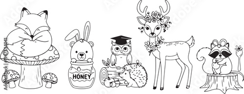 Whimsical Animals and Mushrooms in a Forest Setting with Various Activities honey