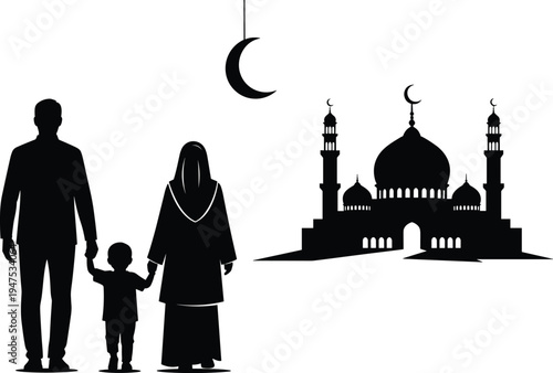 Muslim family silhouettes with child standing near mosque and crescent moon, Islamic culture, Ramadan Kareem religious vector illustration