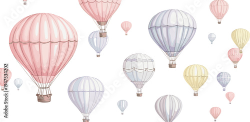Softly colored hot air balloons in various sizes ascend across a bright canvas, evoking a sense of wonder and peaceful adventure for creative projects