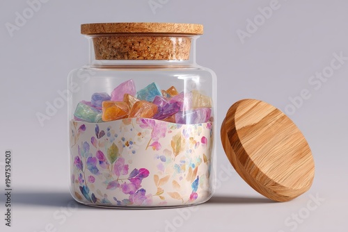 Colorful Candy Jar with Decorative Floral Design, Exquisite Glass Container Filled with Vibrant Confectionery Treats and Natural Cork Lid on a Soft Background
