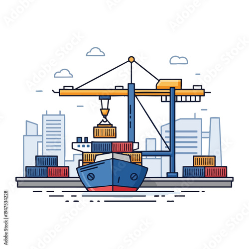 Cargo ship being loaded with containers by a large crane at a busy port