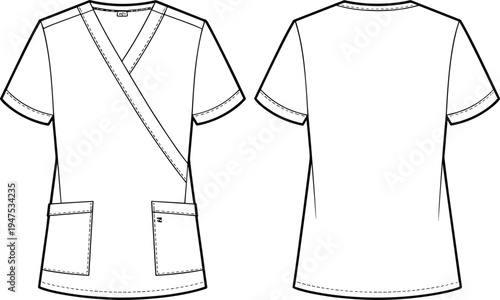 Medical scrub top, technical flat sketch, fashion illustration, garment construction, healthcare uniform, mock wrap design, V-neckline, patch pockets, stitching detail, professional apparel