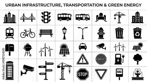 Collection of Urban Infrastructure, Public Transportation, and Green Energy Black Vector Icons