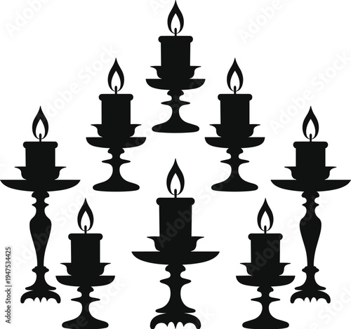 Silhouette candle arrangement, ornate holders, burning flames, pyramid formation, decorative lighting, spiritual symbolism, religious ritual, meditation background, 