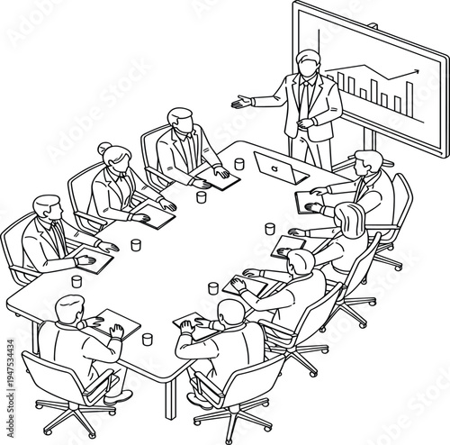 Business meeting with a presenter showing a chart on a screen in a conference room full of attentive employees