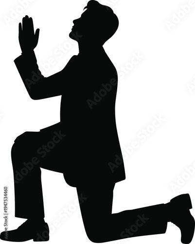 Silhouette kneeling prayer, devotion symbol, spiritual humility, religious worship, faith illustration, meditation pose, supplication gesture, formal attire, emotional expression, guidance concept