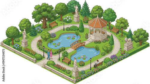Isometric view of a vibrant public park with lush greenery, a serene pond, elegant gazebo, and walking paths, depicting an ideal urban recreation space