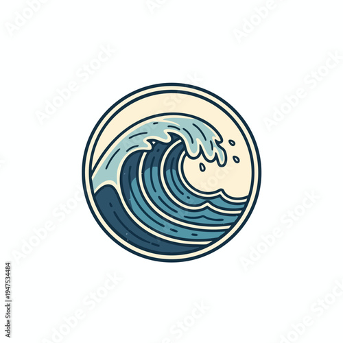 Stylized ocean wave cresting within a circular border