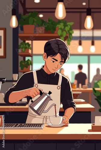 Vector illustration of a barista pouring coffee. This art style is apt for creating icons, a vector icon sheet, a thematic vector sheet, or elements for an icon sheet