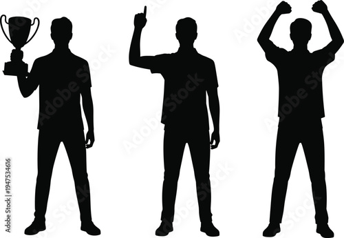 Victory celebration silhouettes, success achievement, sports triumph, trophy winner, number one gesture, clenched fists pose, competition win, 