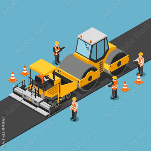 Isometric illustration of road construction with workers, machinery, and safety cones.
