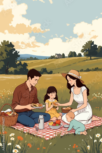 An illustration of a family picnic in a field, representing an icon sheet, icons, vector icon sheet, vector sheet of family moments and outdoor activities