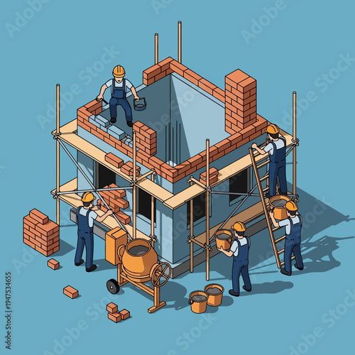 Isometric illustration of construction workers building a brick house with scaffolding and equipment.