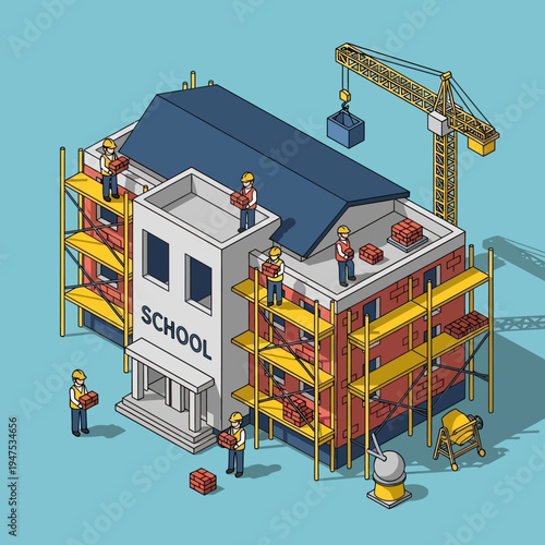 Isometric illustration of a school building under construction with workers and equipment.
