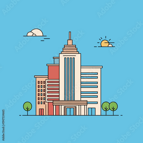 Illustration of a modern city skyline with various buildings, trees, and a blue sky.