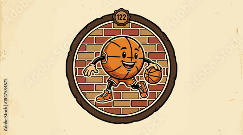 Vintage Cartoon Basketball Character Illustration, Retro Sports Mascot Dribbling a Ball inside a Circular Frame with Brick Wall Background and 122 Badge