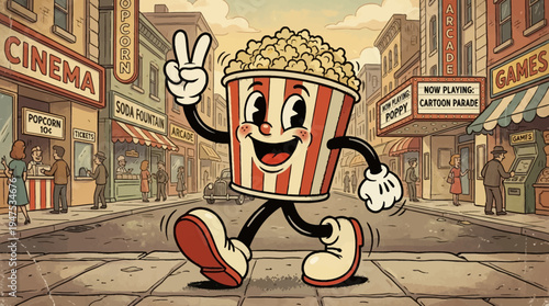 Vintage Rubber Hose Style Cartoon Popcorn Character Walking on a Retro Cinema Street Background, 1930s Animation Aesthetic Illustration