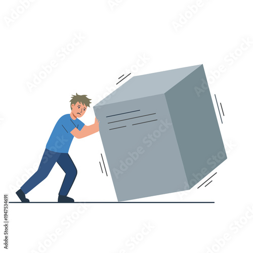 Man pushing large box across floor with effort and motion lines