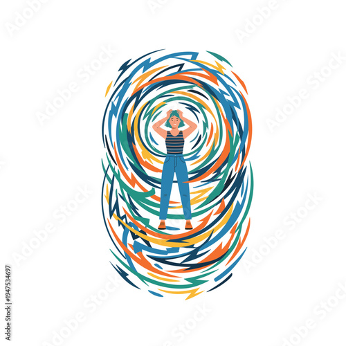 Person surrounded by swirling colorful lines in a dynamic illustration