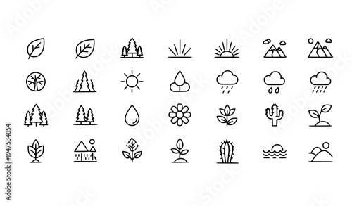 Nature outline icon pack with eco trees mountains plants and landscape symbols vector line art set