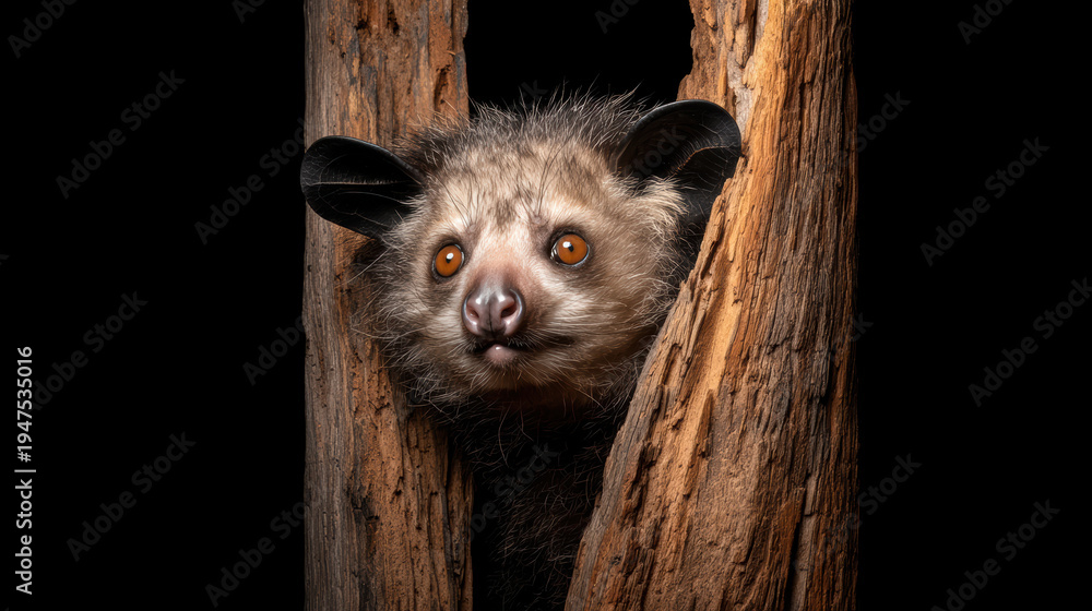 Naklejka premium close-up of an aye-aye peeking between two tree trunks against a black background.