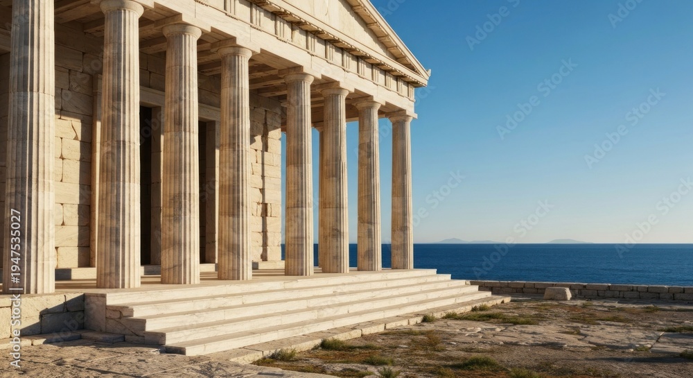 Fototapeta premium A classical temple with tall columns on a sunny seaside cliff