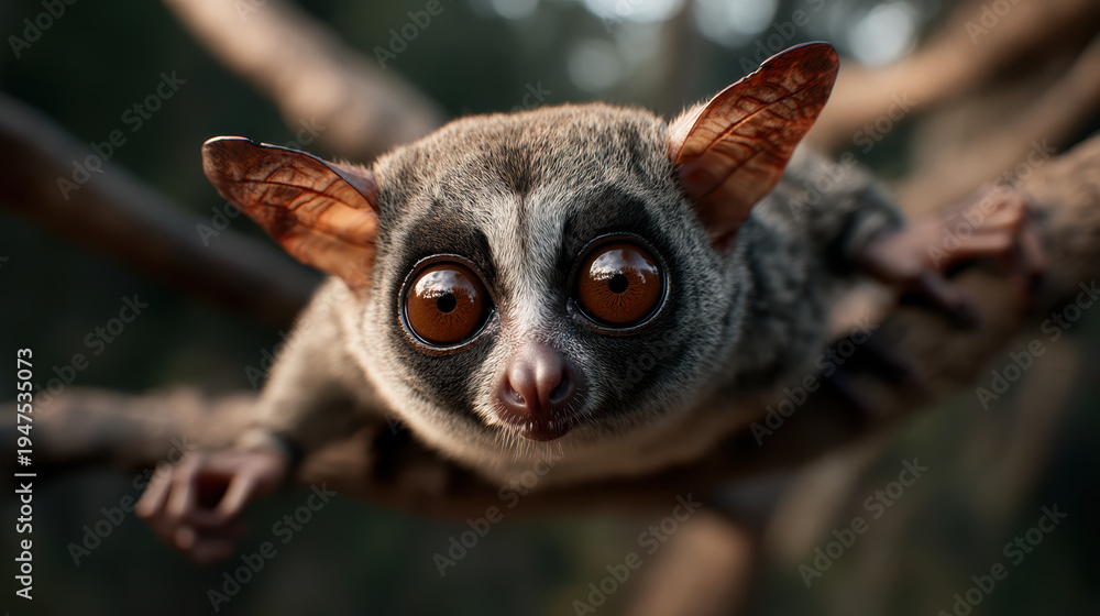 Fototapeta premium close-up image of a wide-eyed, nocturnal primate clinging to a tree branch in a natural, blurred forest setting.