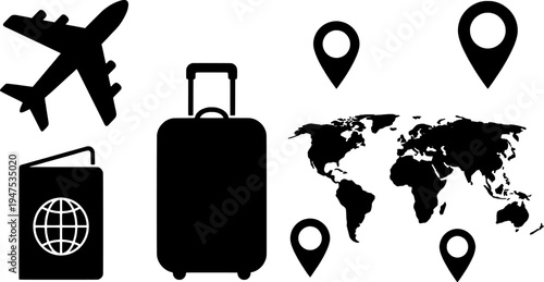 A collection of black icons representing travel elements including a plane, suitcase, and world map Vector