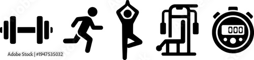 A set of black and white vector icons representing various fitness and exercise related activities Vector