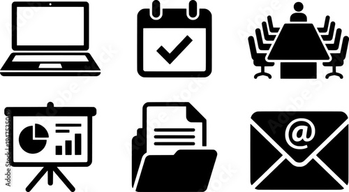 A collection of black icons depicting various business and office productivity related activities Vector