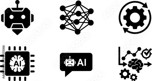 A collection of black and white artificial intelligence and machine learning technology icons set Vector