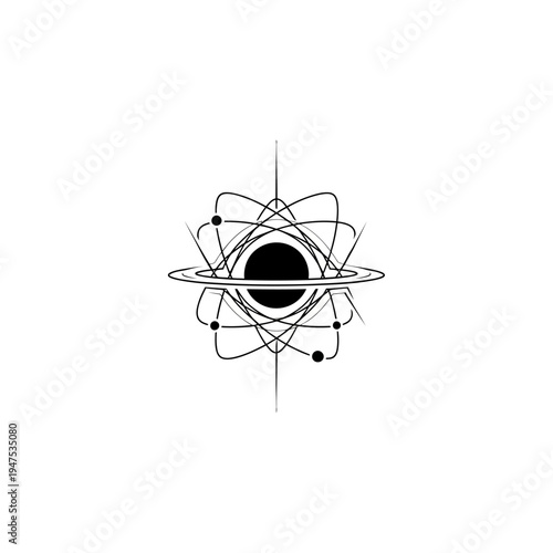 Black and white illustration of an atom.
