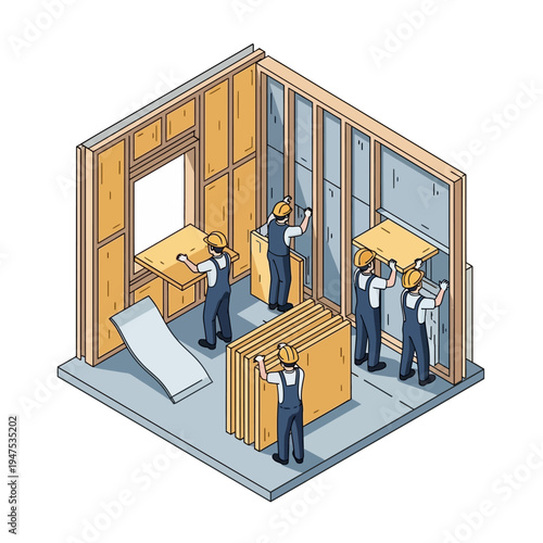 Construction workers installing drywall panels on interior walls of a building.