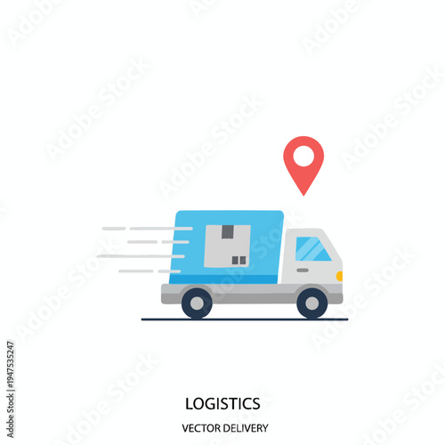 A moving delivery truck with packages and a location pin, symbolizing rapid transport