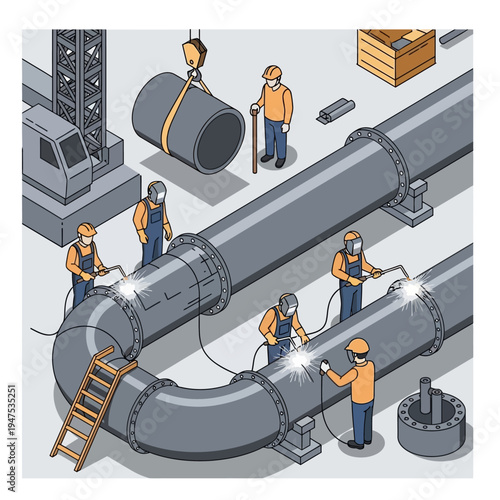 Construction workers welding large metal pipes together at an industrial site.
