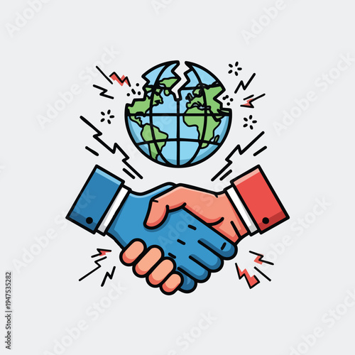 Two hands shaking with a cracked globe above, symbolizing global agreement