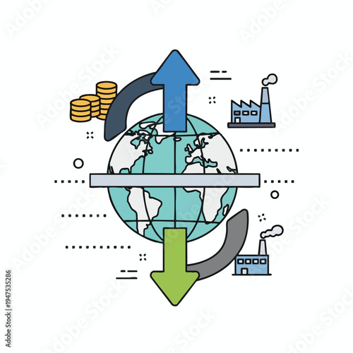 Global economy and industry concept with earth, arrows, coins, and factories