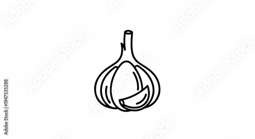 A black line drawing of a whole garlic bulb with one clove partially peeled on a plain white background.
