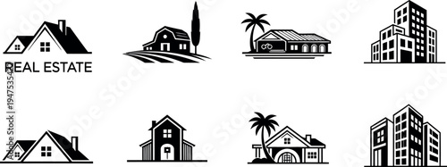 A comprehensive collection of black and white real estate icons featuring various residential and commercial buildings for property design.