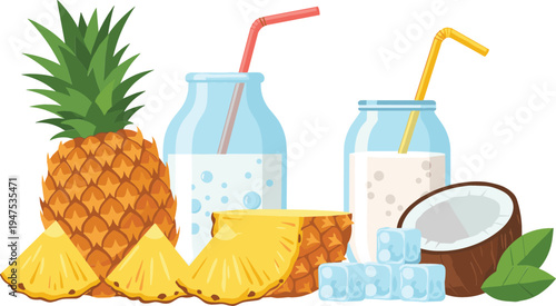 Fresh tropical drink setup with pineapple, coconut, ice cubes, and milk drinks in glass bottles