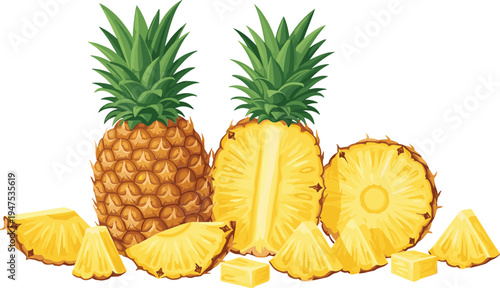 A fresh pineapple sliced into pieces, showing both the whole fruit and its yellow segments.