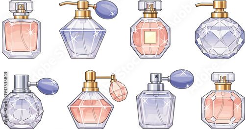A collection of elegant perfume bottles with soft pink and purple fragrances, featuring crystal-like designs