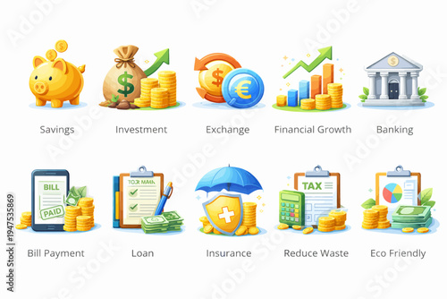 Financial and Economic Icons Set Savings, Investment, Exchange, Growth, Banking, Payments, Loans, Insurance, Eco-Friendly Solutions